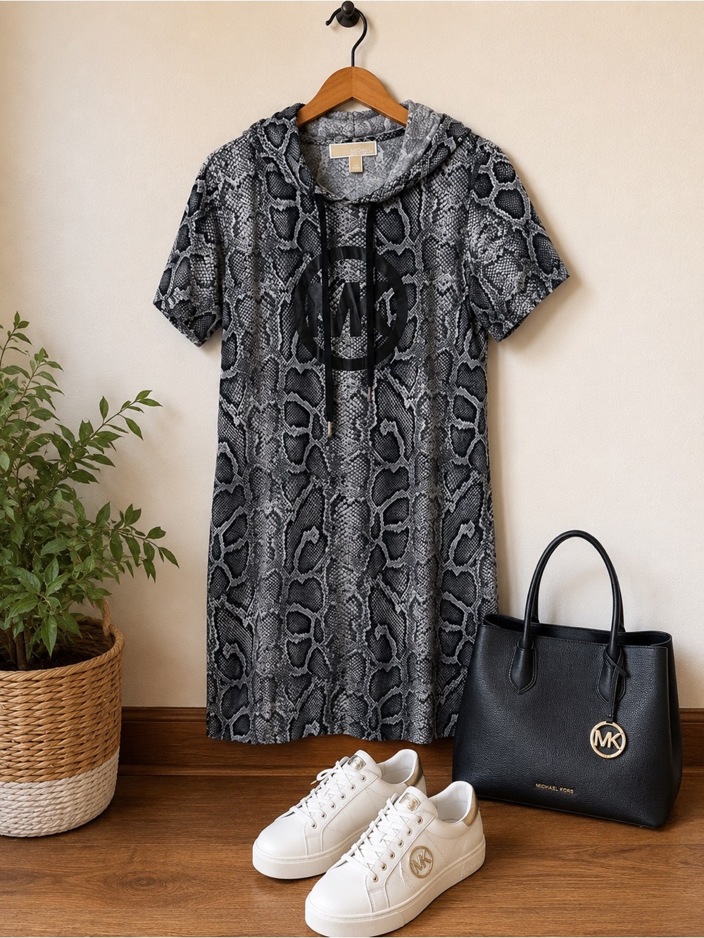 Michael Michael Kors Snake Print Hooded Jersey Dress | Large